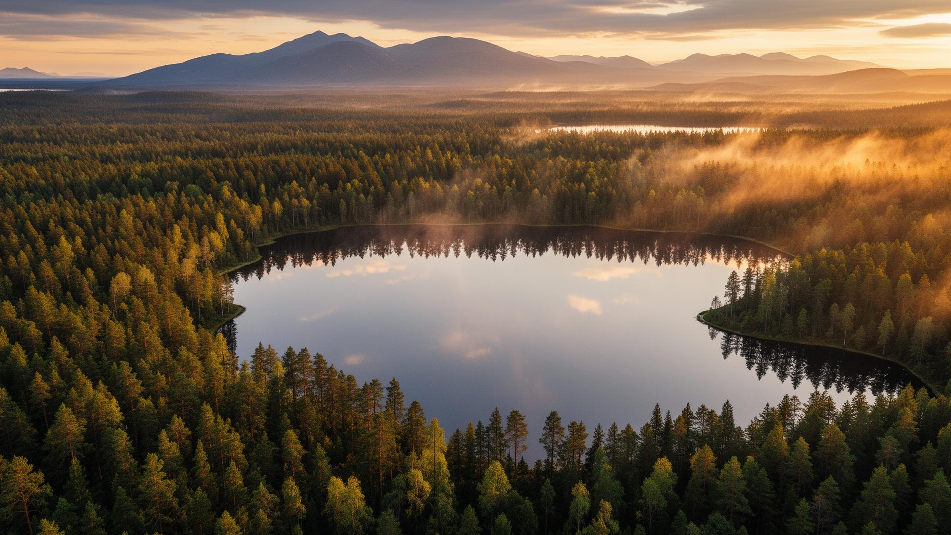 Svensk skogssjö i gryningsljus